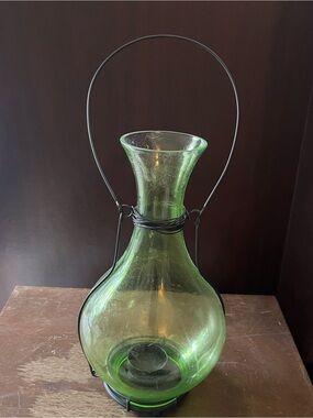 Green Glass Vase Lantern with Black Metal Handle - Unbranded